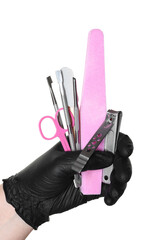Woman with manicure tools on white background, closeup