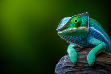 Fototapeta premium Vibrant green chameleon perched on a branch with a blurred green background in natural setting