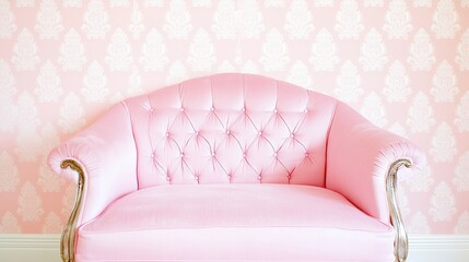 Elegant pink sofa against vintage patterned wallpaper in bright interior