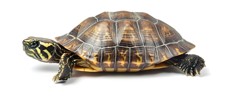 A beautiful yellow striped mud turtle rests against a white background