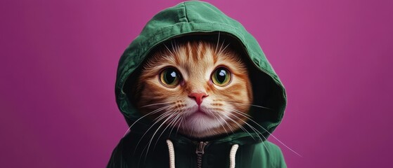 Cat wearing a green hooded jacket against a purple background.