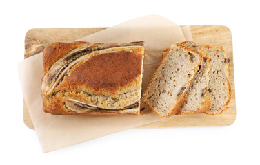 Pieces of banana bread isolated on white, top view