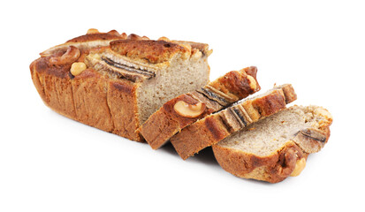 Cut banana bread with nuts isolated on white