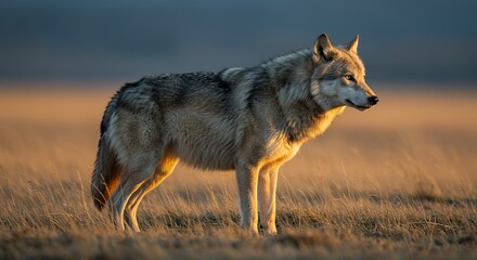 Fototapeta premium Wolf Standing in a Field at Golden Hour Looking Alert