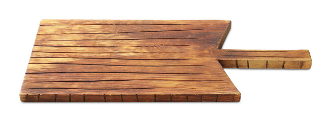 One wooden serving board isolated on white. Space for text