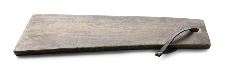 One wooden serving board isolated on white. Space for text