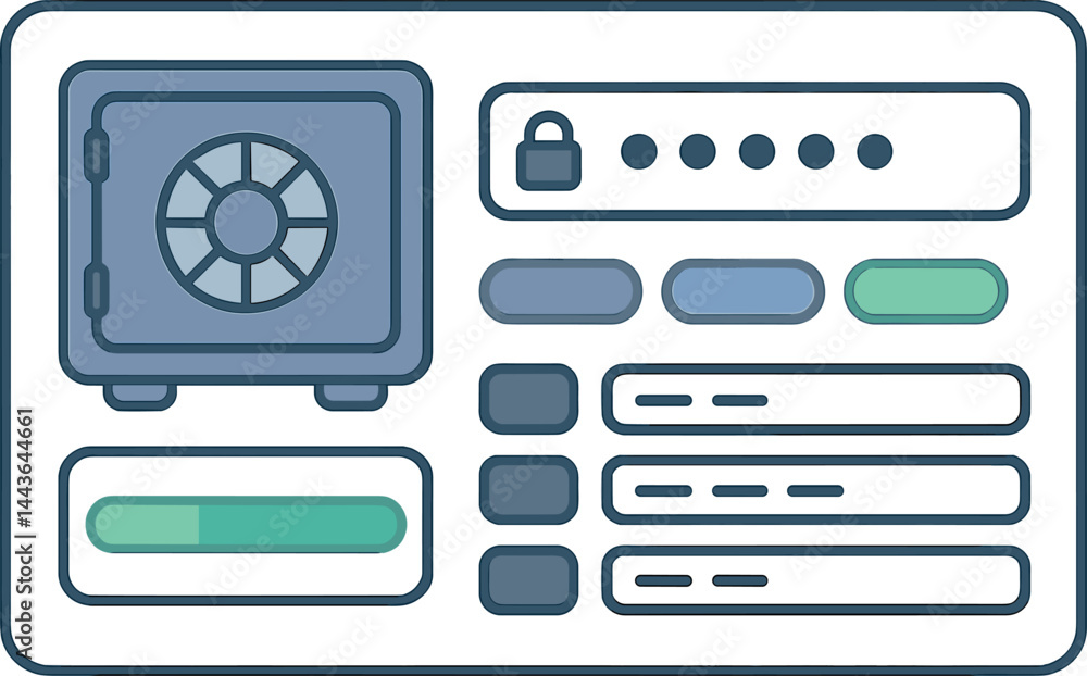 Aufkleber vector illustration of a secure password manager app with vault preview, master key entry, category 