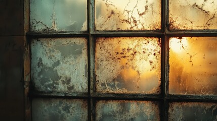 Frosted glass window with warm sunset glow in rustic setting