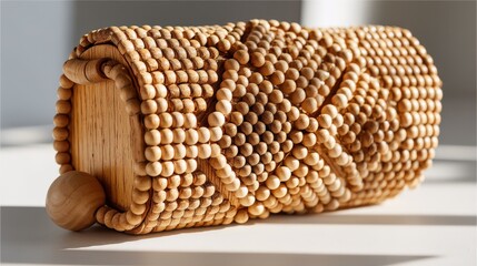 Wooden bead clutch bag showcasing earthy tones and striking geometric patterns