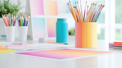 Colorful art supplies on a white desk