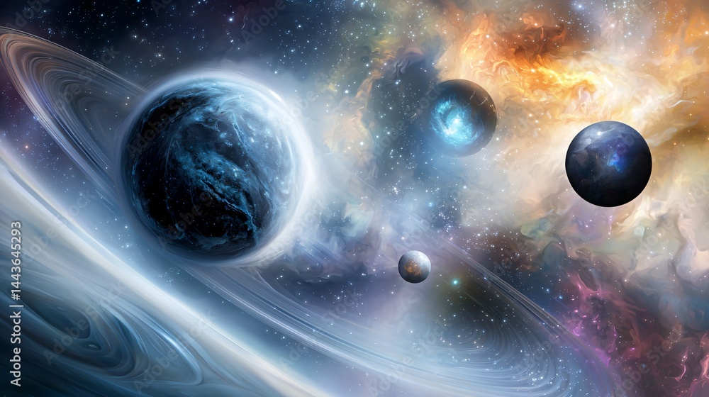 Poster majestic planets floating in a cosmic sky with soft orbital radiation bands and a sense of depth in 