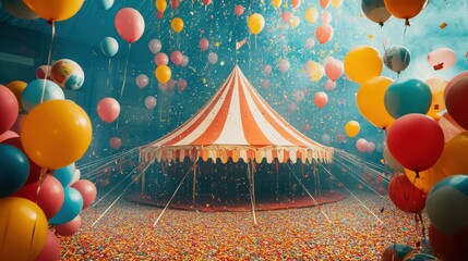 Colorful circus tent celebration with balloons and confetti in vibrant festive atmosphere