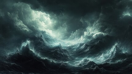 Dramatic stormy ocean waves and dark clouds in turbulent sea scene