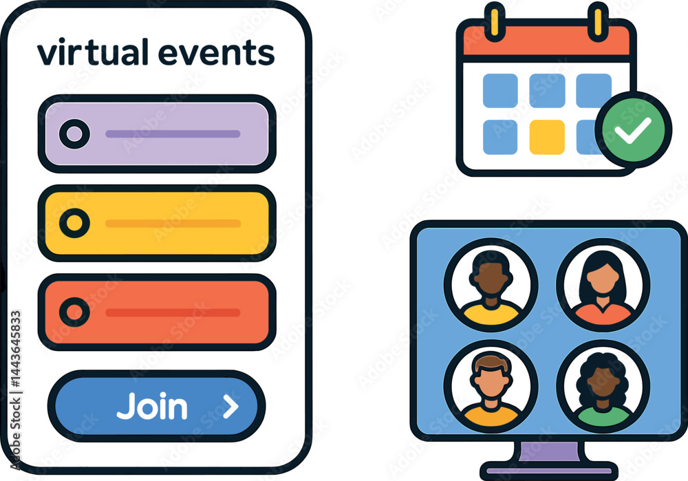 Poster vector illustration of a virtual events app with upcoming sessions, join button, calendar sync, and 