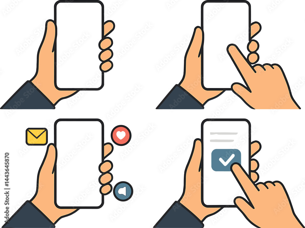 Aufkleber hand holding and using mobile phone. set of vector illustrations for graphic and web design of busin