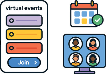 Vector illustration of a virtual events app with upcoming sessions, join button, calendar sync, and host profiles. Bright and accessible interface, no text, transparent background