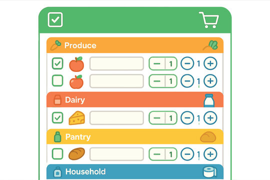 Vector illustration of a grocery list app with categorized items, checkbox toggle, quantity field, and shopping mode. Bright and organized interface, no text, transparent background