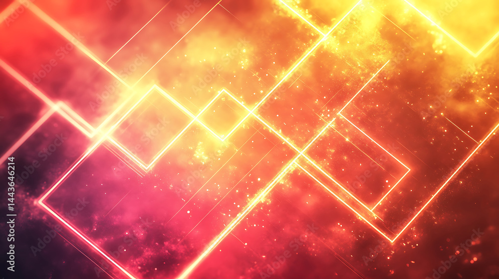 Poster abstract glowing neon lines on a cosmic space background with sparks and orange and red color gradie