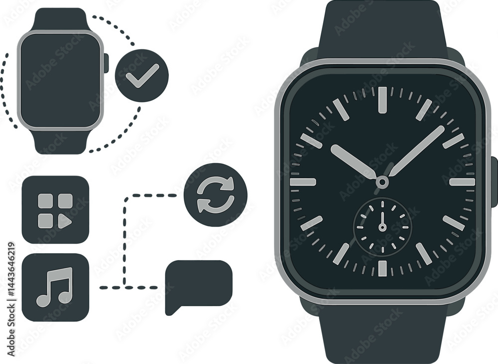 Poster vector illustration of a smart watch companion app with connected status, app manager, sync button, 
