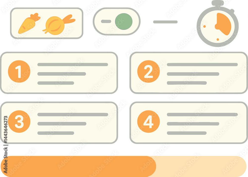 Poster vector illustration of a step-by-step recipe ui with numbered steps, ingredient toggle, cooking time