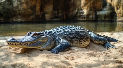 Obraz premium Alligator resting on sandy shore by water in natural habitat
