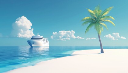 Fototapeta premium Embark On A Caribbean Cruise And Relax On A Coral Beach Adorned With Palm Trees: A Tropical Getaway Awaits! Explore Paradise.