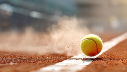 Tennis Ball: A close-up shot captures the dynamic moment of a tennis ball on the edge of the court, kicking up a cloud of clay dust, symbolizing action and competition.