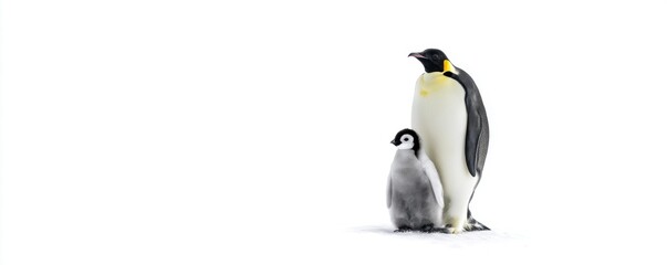 Obraz premium Arctic Companions: A heartwarming portrayal of a parent penguin standing tall beside its adorable chick, their bond of companionship captured in this evocative image.