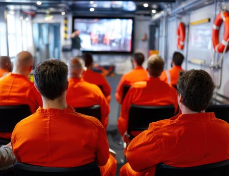 Maritime Training Session: Crew members in bright orange coveralls attentively watch a presentation on a large screen during a mandatory safety training session onboard a vessel.