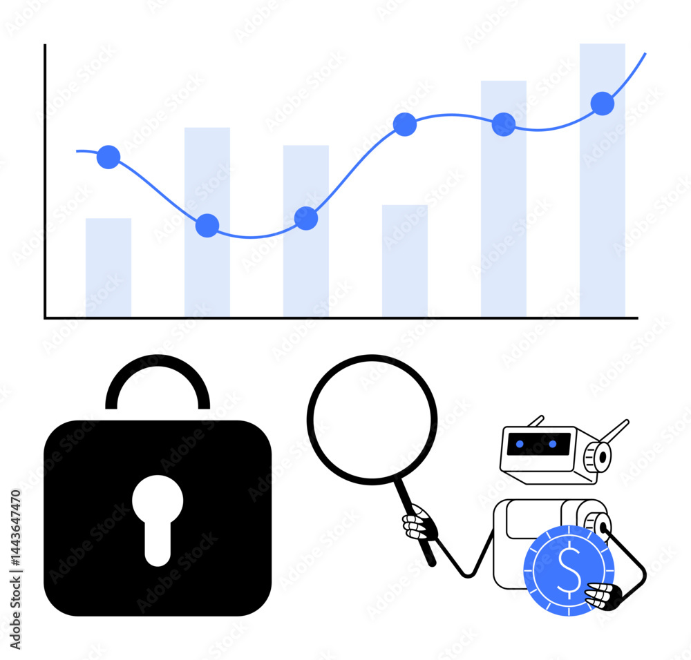 Aufkleber chart showing data trends, secure lock for protection, and robot examining currency. ideal for techn