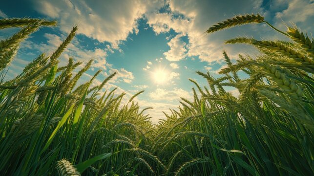 Sunlit wheat field under vibrant sky with clouds at dusk