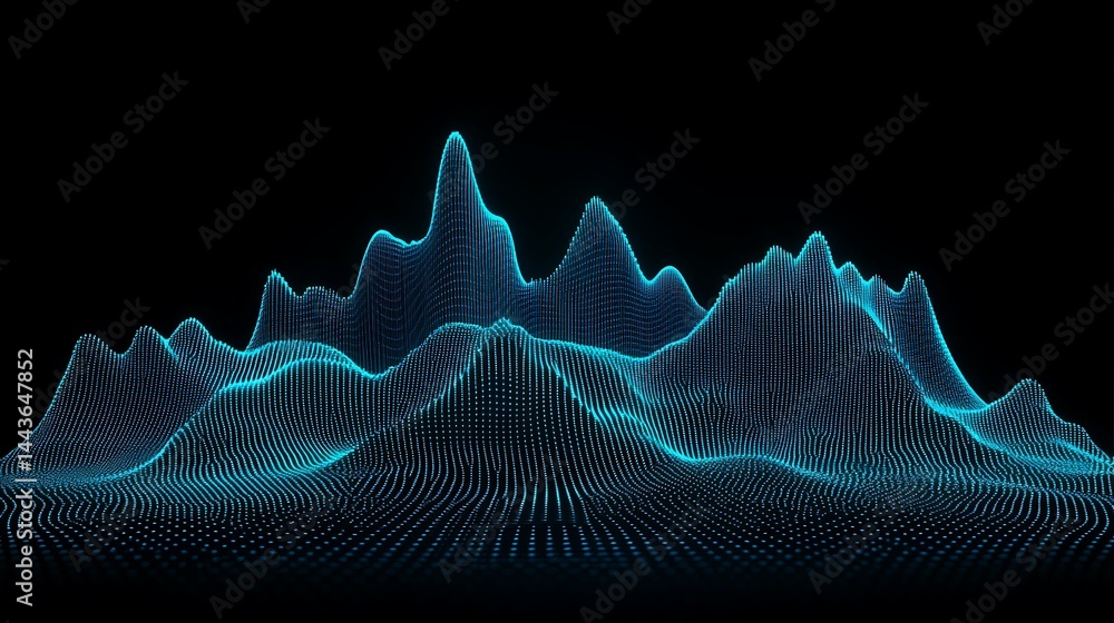 Poster abstract glowing particle landscape on black background generative art futuristic topography and tec