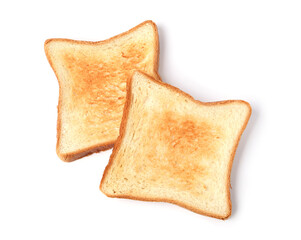 Slices of tasty toasted bread isolated on white, top view