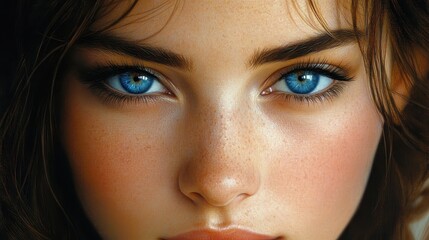 Close-up portrait of young caucasian female with striking blue eyes