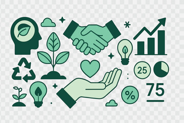 Depict corporate responsibility scene with environmental icons, charity handshakes, and impact stats. Vector illustration, ethical and modern, no text, transparent background