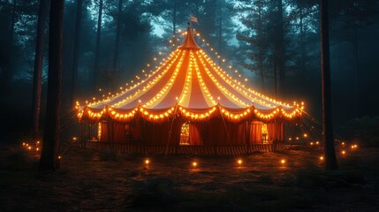 Enchanted circus tent illuminated in mystical forest twilight