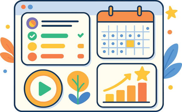 Show productivity app concept with task list, calendar sync, focus timer, and daily achievement stats. Vector illustration, bright and motivating, no text, transparent background