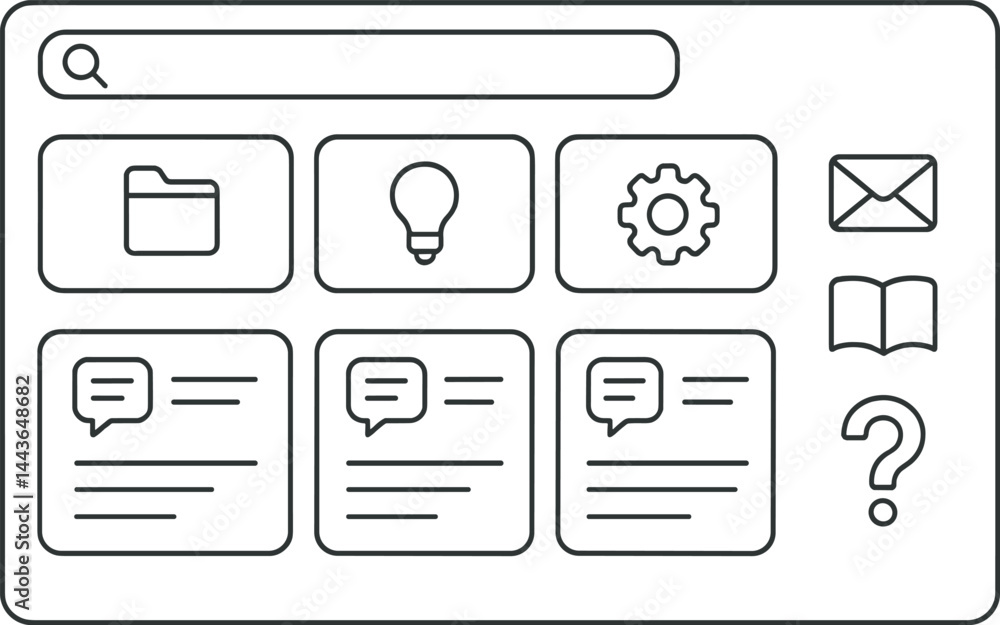 Aufkleber show knowledge base structure with categories, faq blocks, search field, and helpful icons. vector i
