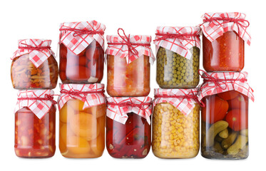 Many jars with different pickled products isolated on white
