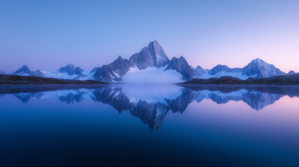 Reflection of snow-capped mountains in still alpine lake at sunrise, peaceful scenery
