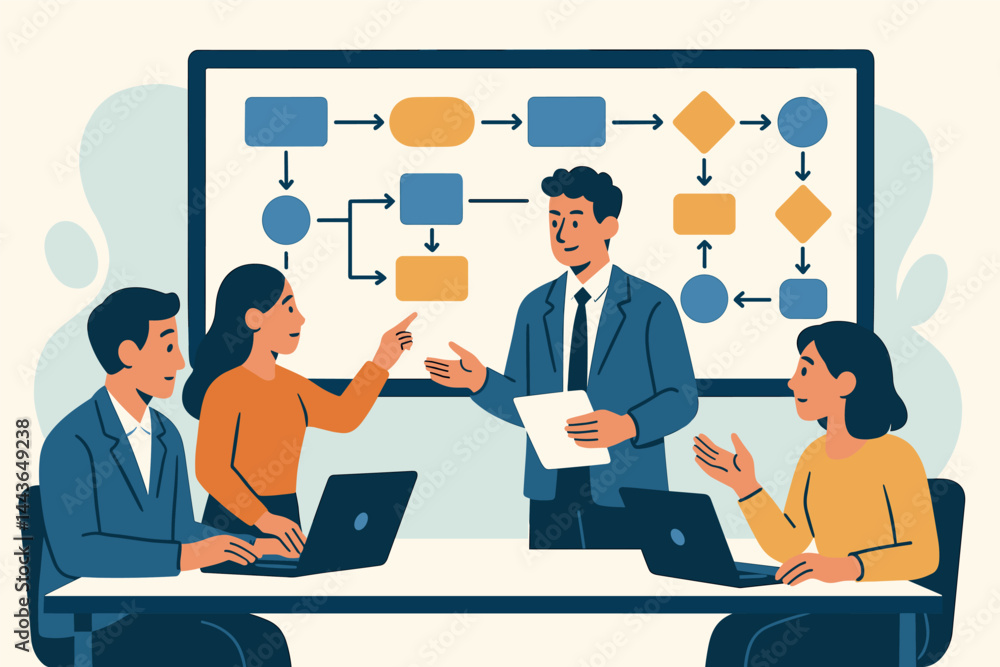 Poster team discussion and project workflow. vector illustration of business process mapping and collaborat