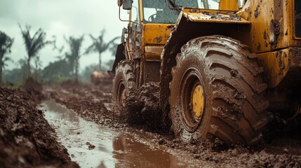 Heavy machinery navigating muddy terrain amidst palm trees and overcast skies