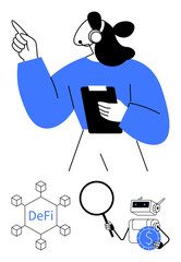 Woman holding clipboard gestures while explaining decentralized finance. Blockchain nodes, magnifying glass, robotic wallet with dollar signify finance, analysis, and technology. Ideal for fintech