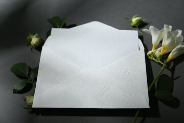 Blank greeting card in envelope and freesia flowers on dark grey background, closeup