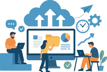 Cloud-based collaboration tools. Vector illustration of online teamwork, file sharing, and efficiency. Great for tech businesses and SaaS visuals.