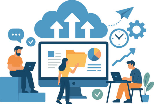 Cloud-based collaboration tools. Vector illustration of online teamwork, file sharing, and efficiency. Great for tech businesses and SaaS visuals.