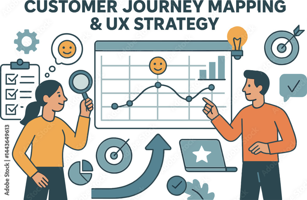 Poster customer journey mapping and ux strategy. vector illustration of user experience planning and insigh