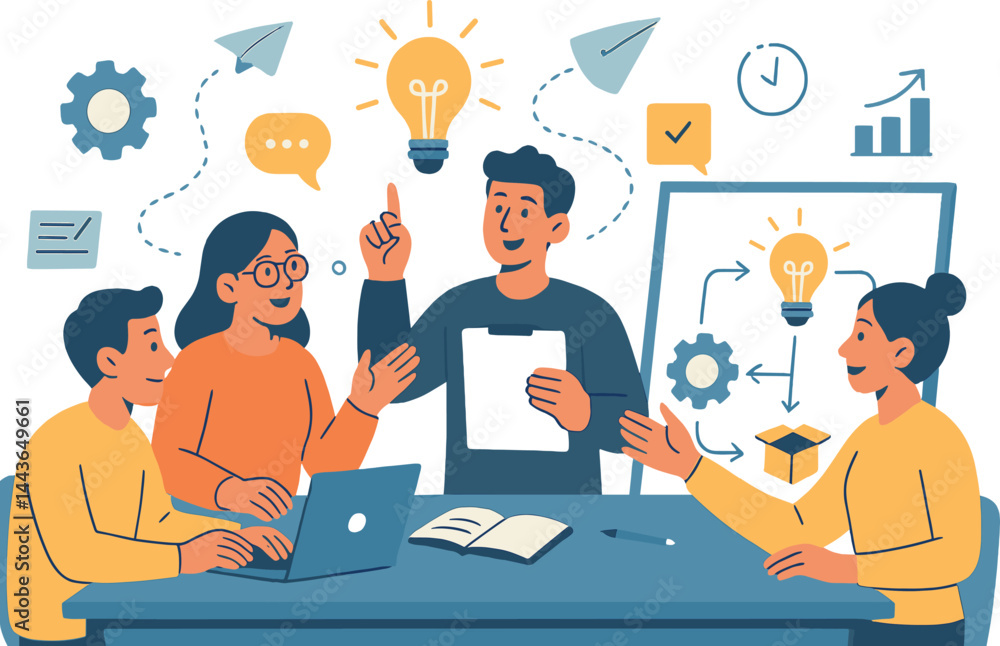 Poster creative process of developing new product. vector illustration of brainstorming session, idea gener