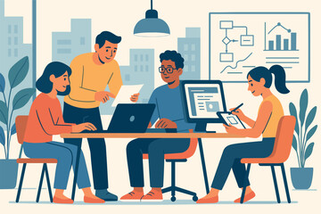 Creative office workspace. Vector illustration of designers and developers working together. Perfect for coworking, modern business, and productivity themes.
