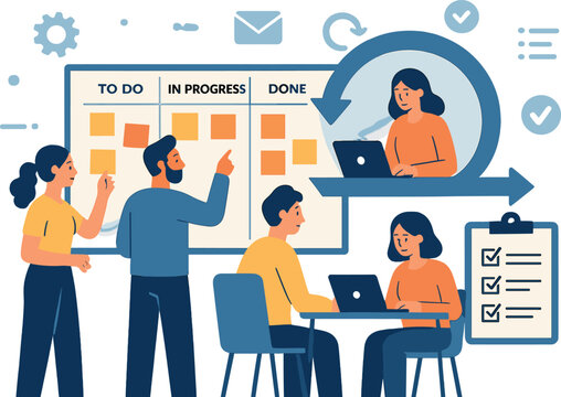 Agile development and workflow management. Vector illustration of team using agile boards and tools. Ideal for software and tech startup materials.
